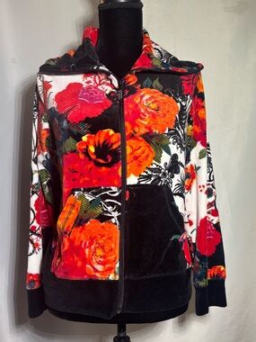 Onque Casual Red, Orange & Black Velur Floral Zip Front Cardigan Jacket Petite M